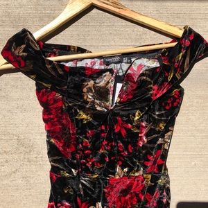 body suit: velvet, floral, off the shoulder